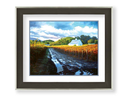 A painting looking down a road puddled with water. On either side, orange, red, and yellow grape vines grow in the vineyard. White barns and houses sit between the fields. Printed on paper, matted, and framed.