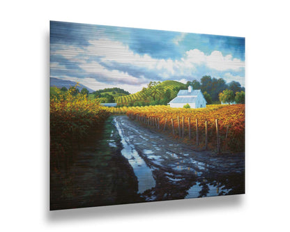 A painting looking down a road puddled with water. On either side, orange, red, and yellow grape vines grow in the vineyard. White barns and houses sit between the fields. Printed on metal.