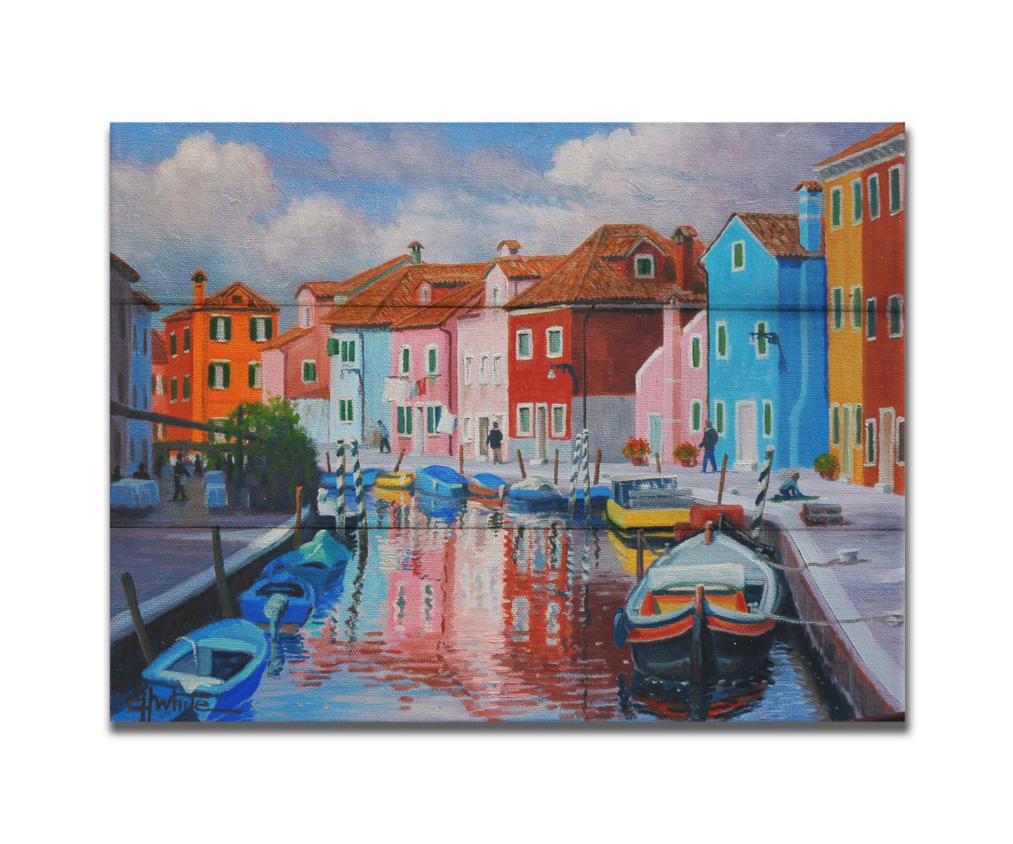 A painting of a canal in the Murano islands in Italy. Several small boats are docked along the sides, and bright, colorful buildings line the paths. Printed on a box board.