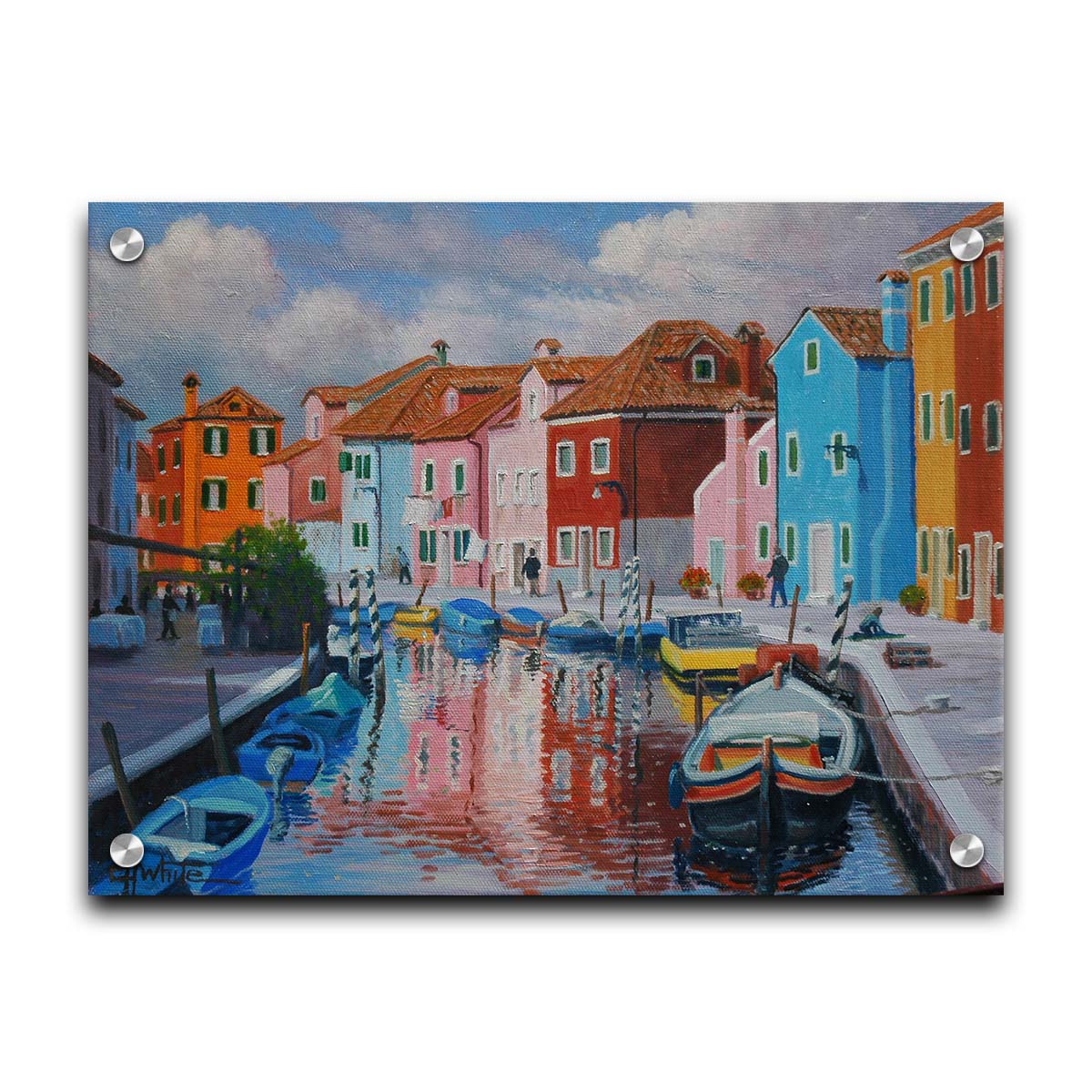 A painting of a canal in the Murano islands in Italy. Several small boats are docked along the sides, and bright, colorful buildings line the paths. Printed on acrylic.