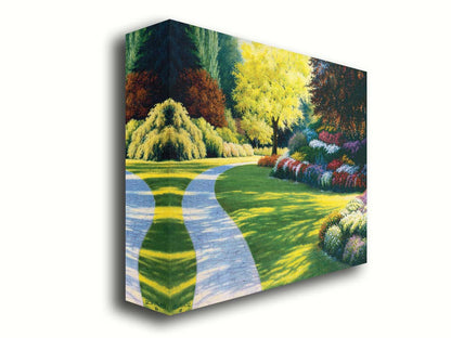 A painting of a cobblestone path through a sunny, colorful, tidy garden. Printed on canvas.