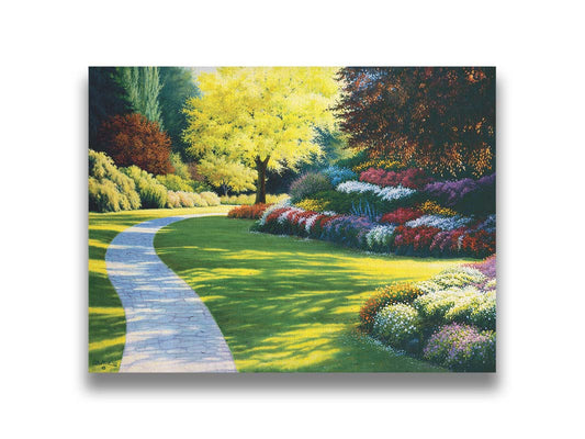 A painting of a cobblestone path through a sunny, colorful, tidy garden. Printed on canvas.