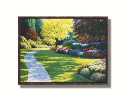 A painting of a cobblestone path through a sunny, colorful, tidy garden. Printed on canvas in a float frame.