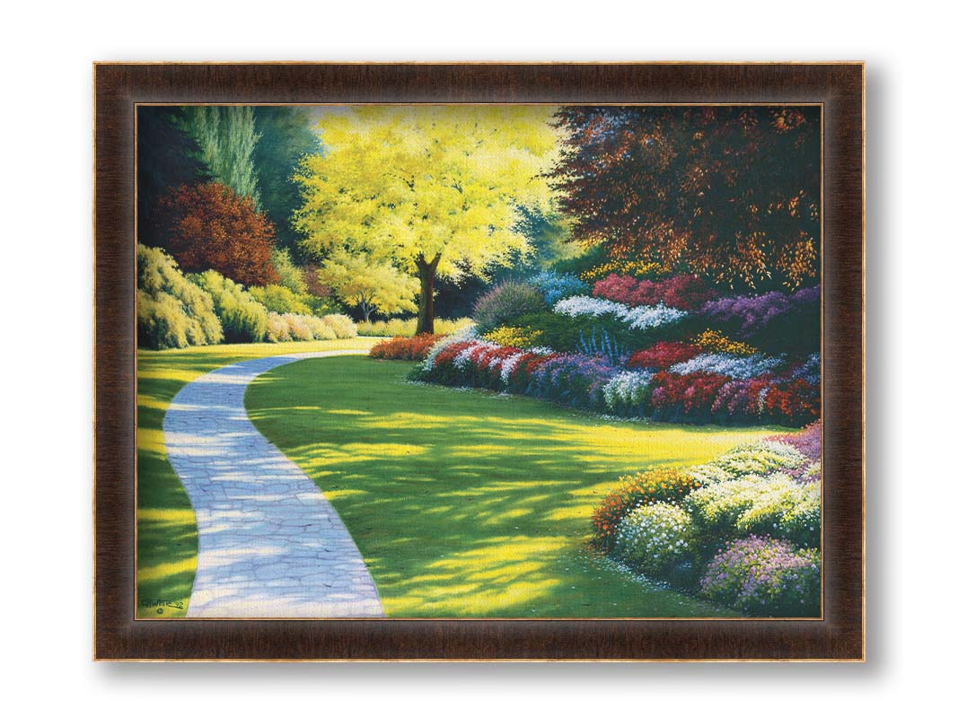 A painting of a cobblestone path through a sunny, colorful, tidy garden. Printed on canvas and framed.