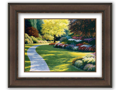 A painting of a cobblestone path through a sunny, colorful, tidy garden. Printed on paper, matted, and framed.