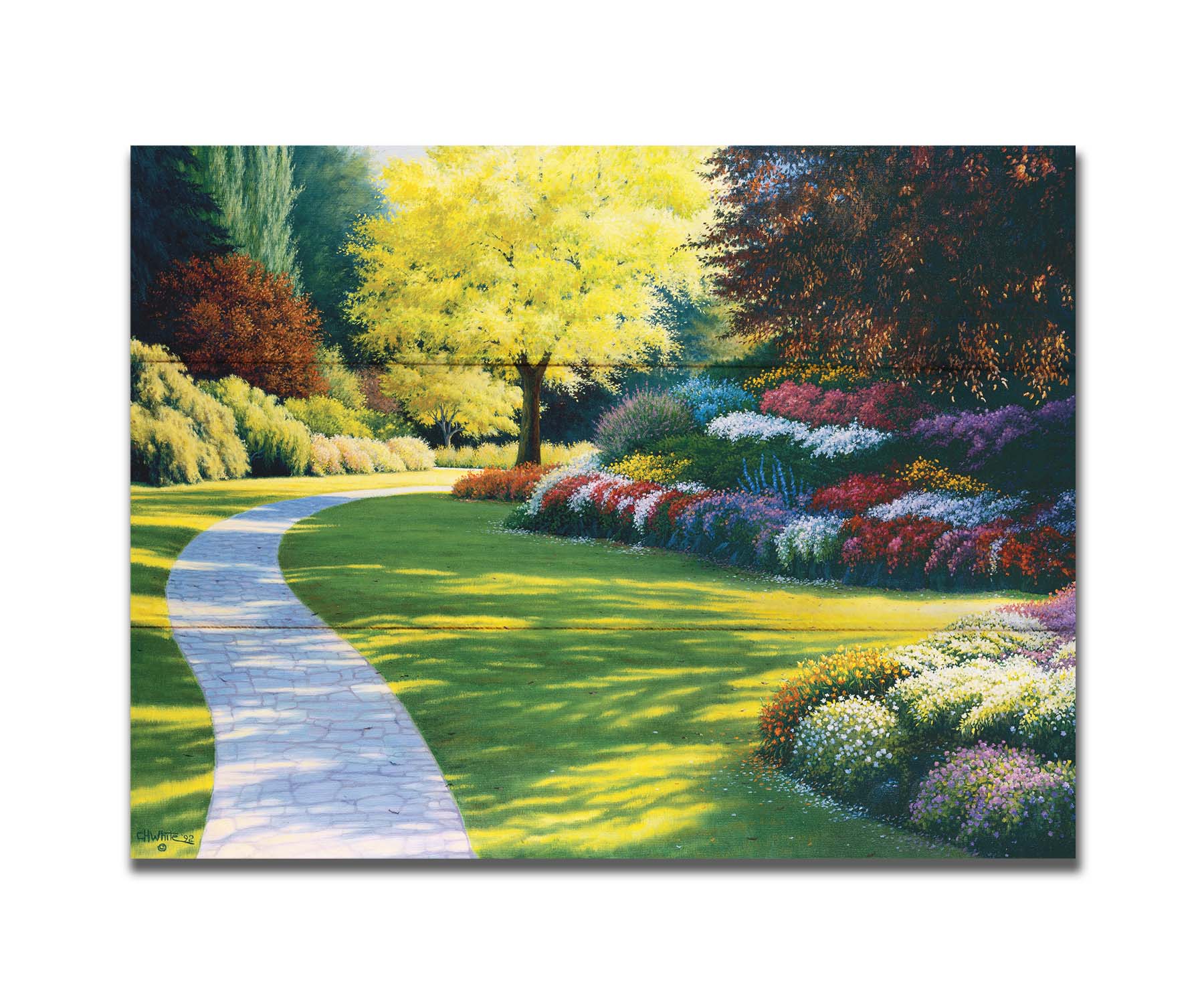 A painting of a cobblestone path through a sunny, colorful, tidy garden. Printed on a box board.