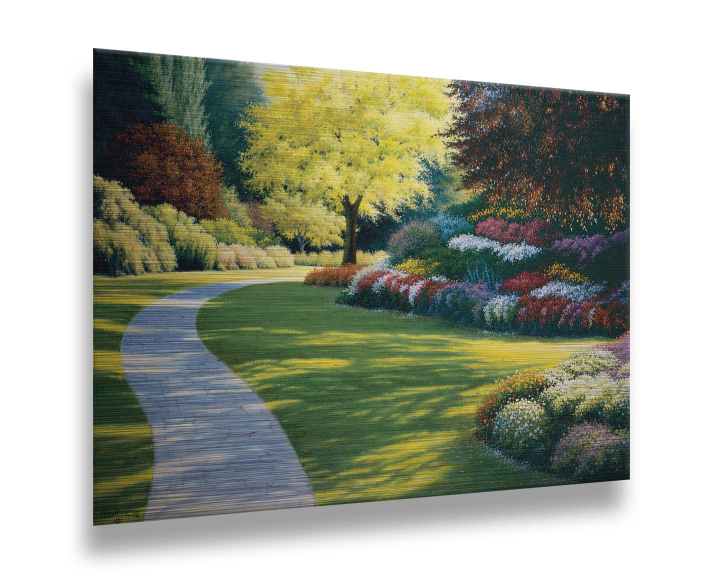 A painting of a cobblestone path through a sunny, colorful, tidy garden. Printed on metal.