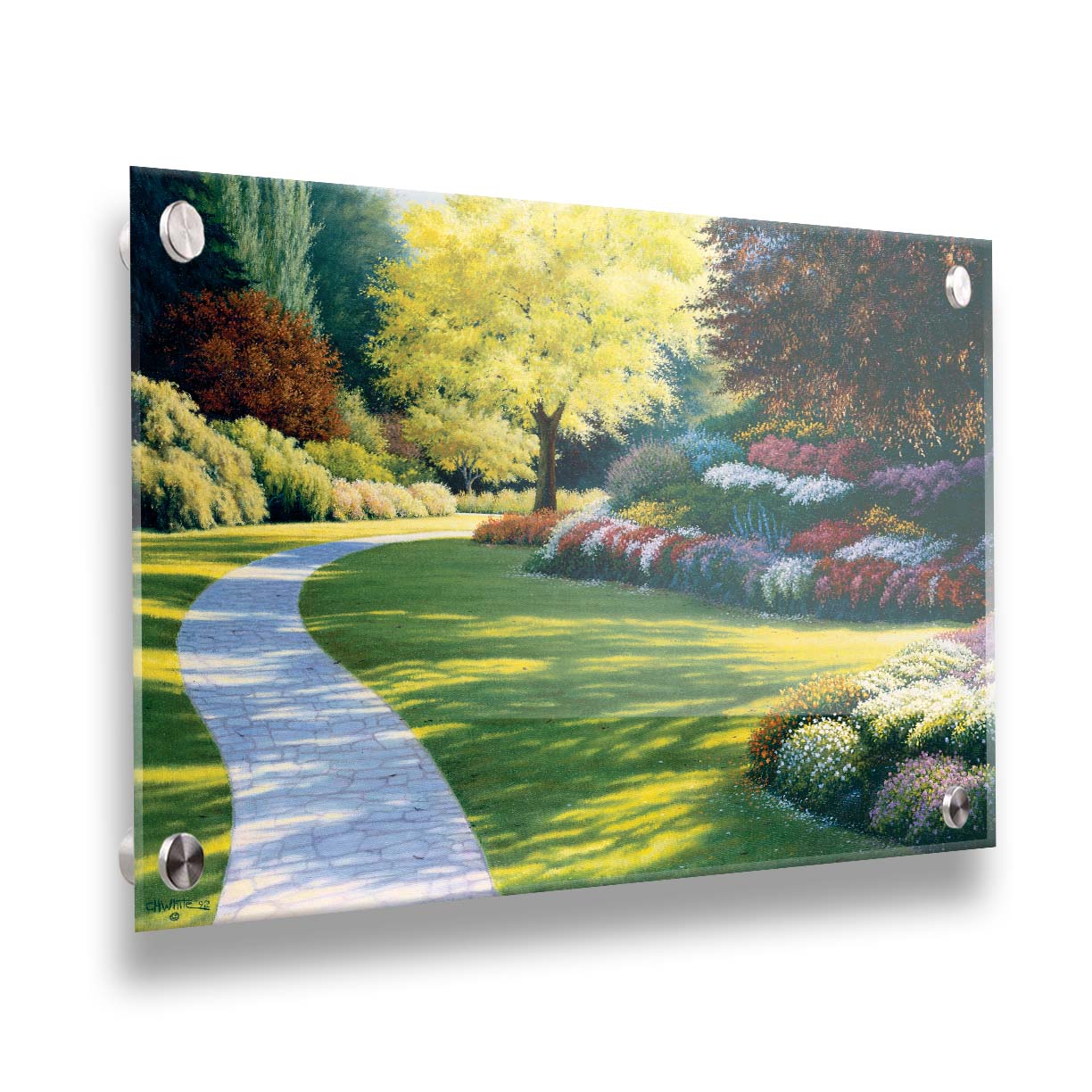 A painting of a cobblestone path through a sunny, colorful, tidy garden. Printed on acrylic.