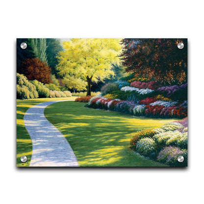 A painting of a cobblestone path through a sunny, colorful, tidy garden. Printed on acrylic.