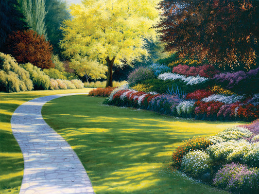 A painting of a cobblestone path through a sunny, colorful, tidy garden. 
