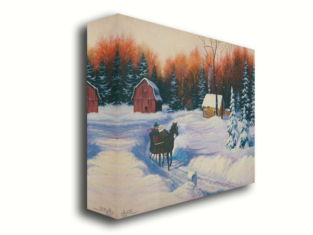 A painting of a snowy landscape. A path has been beaten down through several feet of snow, where a horse pulls a sleigh with two people past a forest, away from a barn. Printed on canvas.