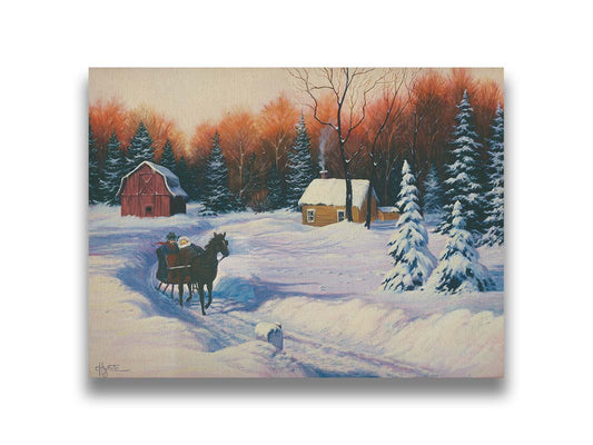 A painting of a snowy landscape. A path has been beaten down through several feet of snow, where a horse pulls a sleigh with two people past a forest, away from a barn. Printed on canvas.