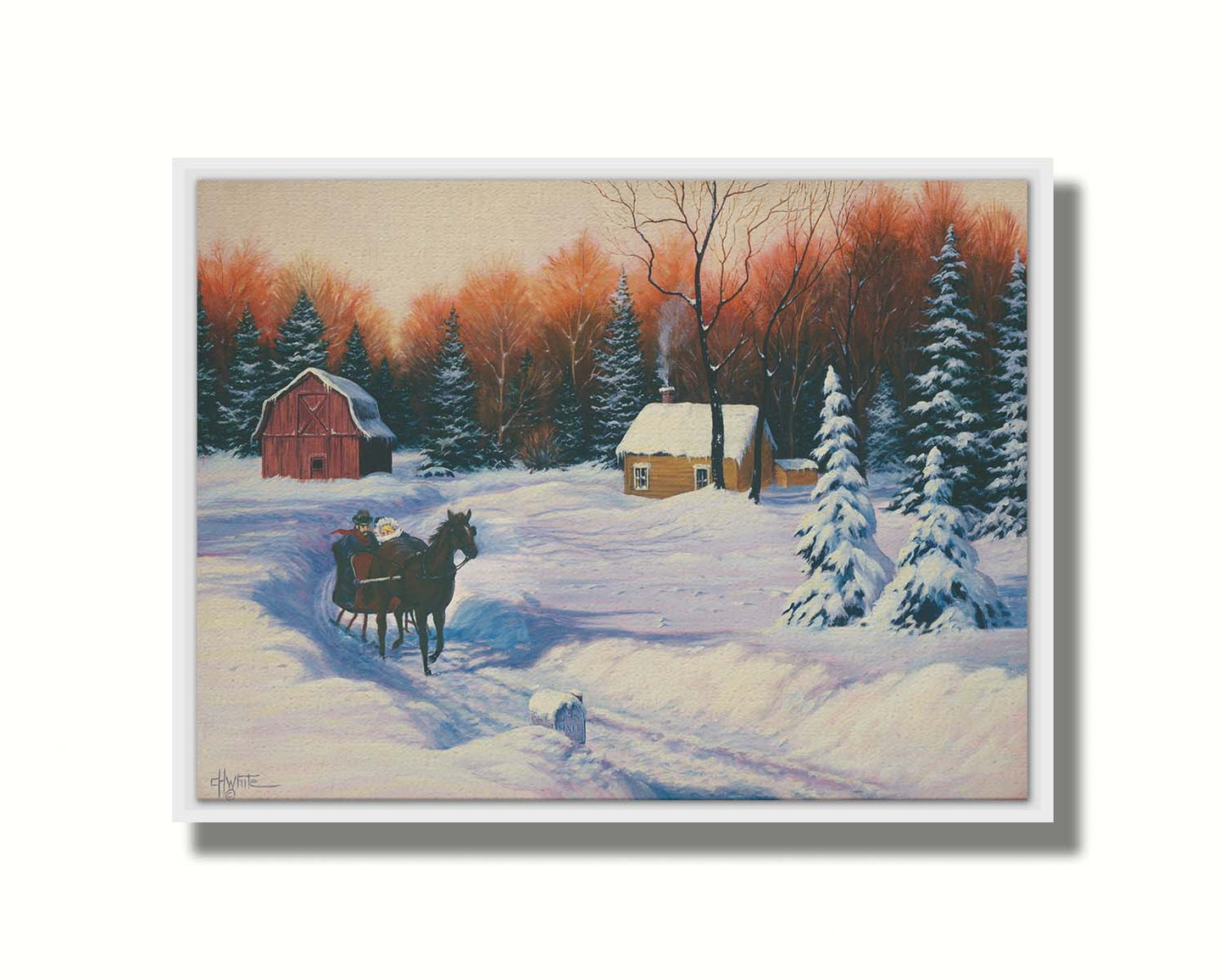 A painting of a snowy landscape. A path has been beaten down through several feet of snow, where a horse pulls a sleigh with two people past a forest, away from a barn. Printed on canvas in a float frame.