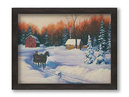 A painting of a snowy landscape. A path has been beaten down through several feet of snow, where a horse pulls a sleigh with two people past a forest, away from a barn. Printed on canvas and framed.