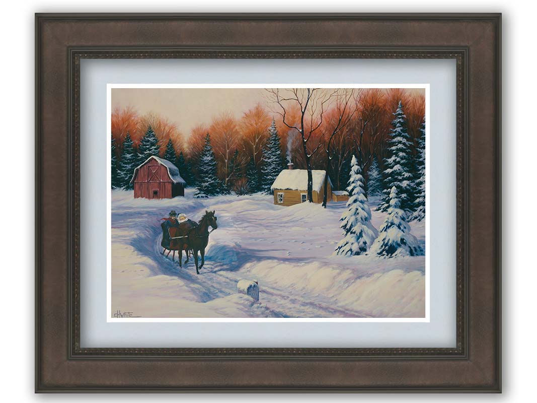 A painting of a snowy landscape. A path has been beaten down through several feet of snow, where a horse pulls a sleigh with two people past a forest, away from a barn. Printed on paper, matted, and framed.