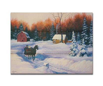 A painting of a snowy landscape. A path has been beaten down through several feet of snow, where a horse pulls a sleigh with two people past a forest, away from a barn. Printed on a box board.