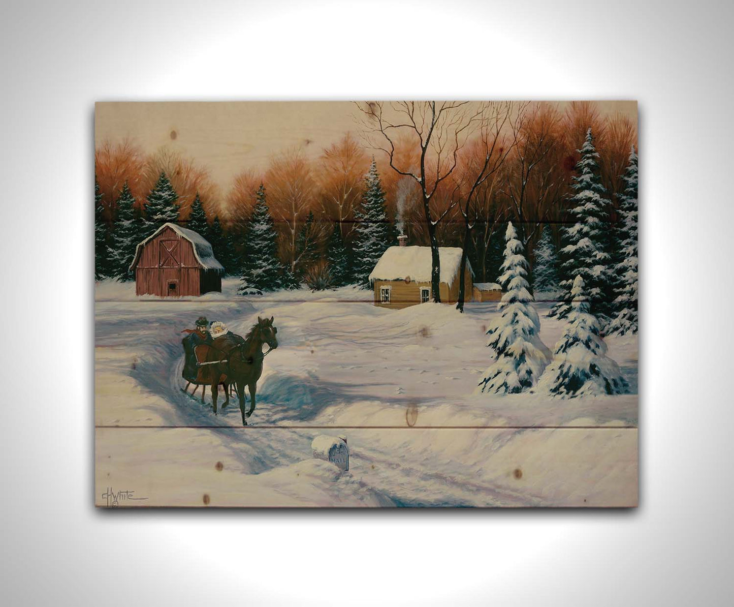 A painting of a snowy landscape. A path has been beaten down through several feet of snow, where a horse pulls a sleigh with two people past a forest, away from a barn. Printed on a wood pallet.