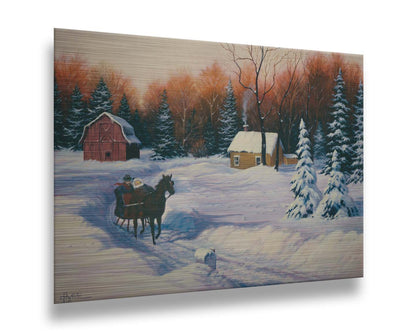 A painting of a snowy landscape. A path has been beaten down through several feet of snow, where a horse pulls a sleigh with two people past a forest, away from a barn. Printed on metal.