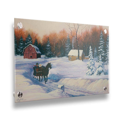 A painting of a snowy landscape. A path has been beaten down through several feet of snow, where a horse pulls a sleigh with two people past a forest, away from a barn. Printed on acrylic.