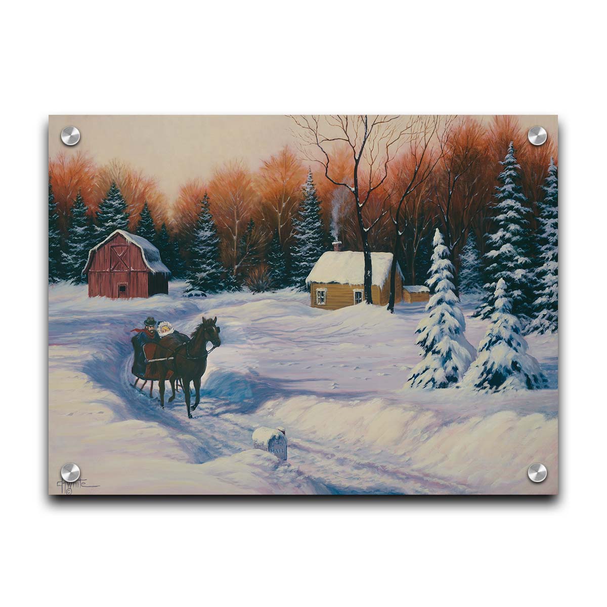 A painting of a snowy landscape. A path has been beaten down through several feet of snow, where a horse pulls a sleigh with two people past a forest, away from a barn. Printed on acrylic.