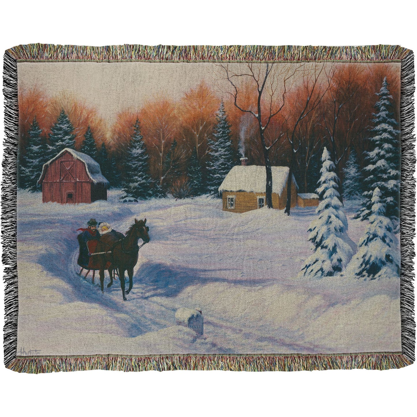 A woven throw blanket designed with a winter scene with a horse-drawn carriage, snow-covered landscape, and red barn.
