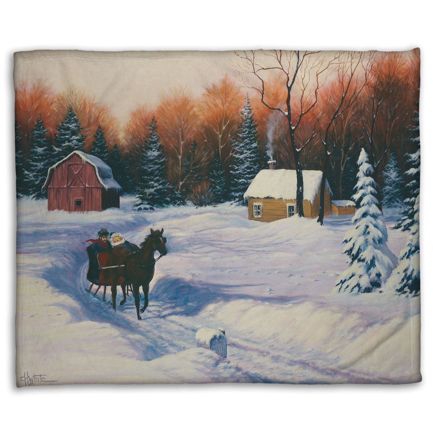 A coral fleece blanket designed with a winter scene with a horse-drawn carriage, snow-covered landscape, and red barn.