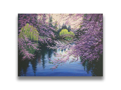 A painting of Beacon Hill Park in Victoria, British Columbia, Canada, during the springtime cherry blossom season. Pink blossoms over Goodacre Lake frame a stone bridge in the background. Printed on canvas.