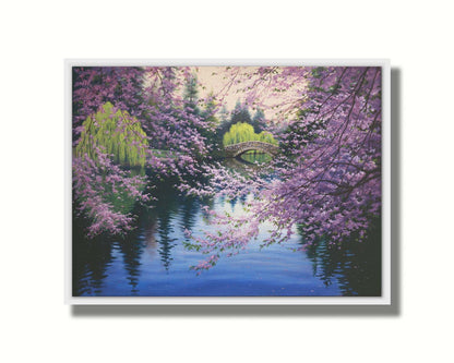 A painting of Beacon Hill Park in Victoria, British Columbia, Canada, during the springtime cherry blossom season. Pink blossoms over Goodacre Lake frame a stone bridge in the background. Printed on canvas in a float frame.