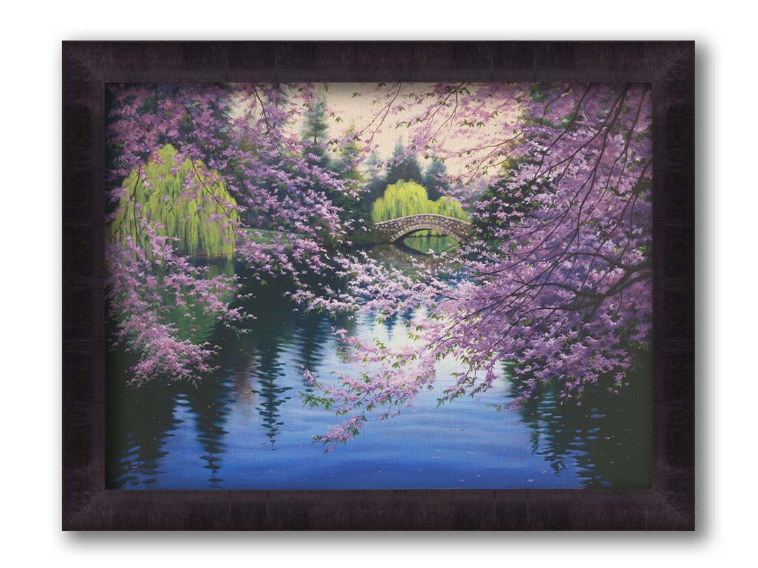 A painting of Beacon Hill Park in Victoria, British Columbia, Canada, during the springtime cherry blossom season. Pink blossoms over Goodacre Lake frame a stone bridge in the background. Printed on canvas and framed.