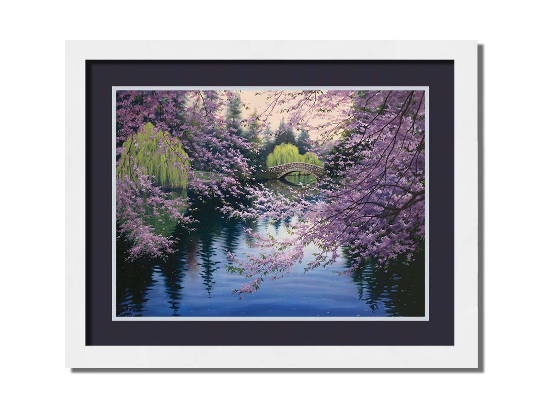 A painting of Beacon Hill Park in Victoria, British Columbia, Canada, during the springtime cherry blossom season. Pink blossoms over Goodacre Lake frame a stone bridge in the background. Printed on paper, matted, and framed.