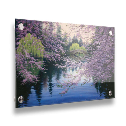 A painting of Beacon Hill Park in Victoria, British Columbia, Canada, during the springtime cherry blossom season. Pink blossoms over Goodacre Lake frame a stone bridge in the background. Printed on acrylic.