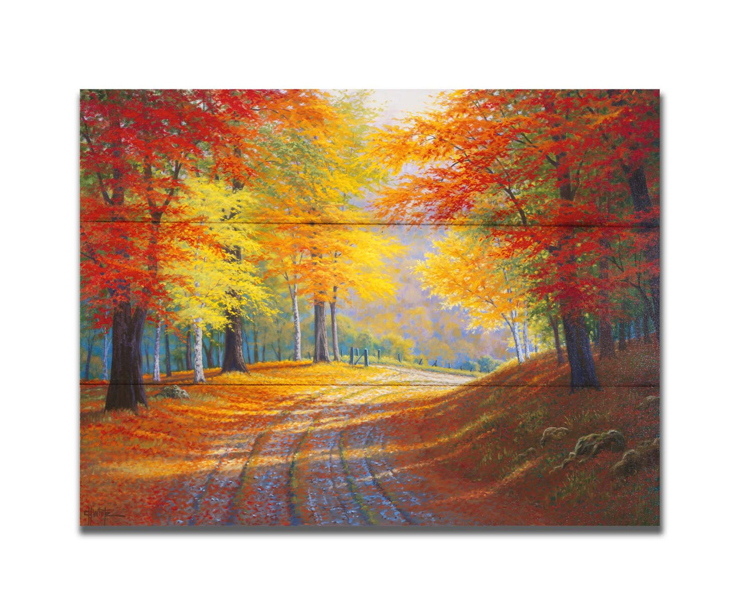 A painting of a gravel road through a forest in autumn. Orange red, and yellow leaves coat the ground and cover the trees, highlighted by bright sunlight. Printed on a box board.