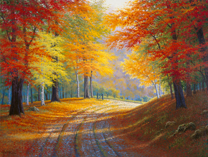 A painting of a gravel road through a forest in autumn. Orange red, and yellow leaves coat the ground and cover the trees, highlighted by bright sunlight.