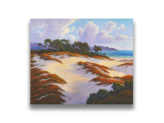 A painting of the Asilomar Dunes Natural Preserve in California. The white sand dune beach is complimented by red, green, and orange grasses. Printed on canvas.