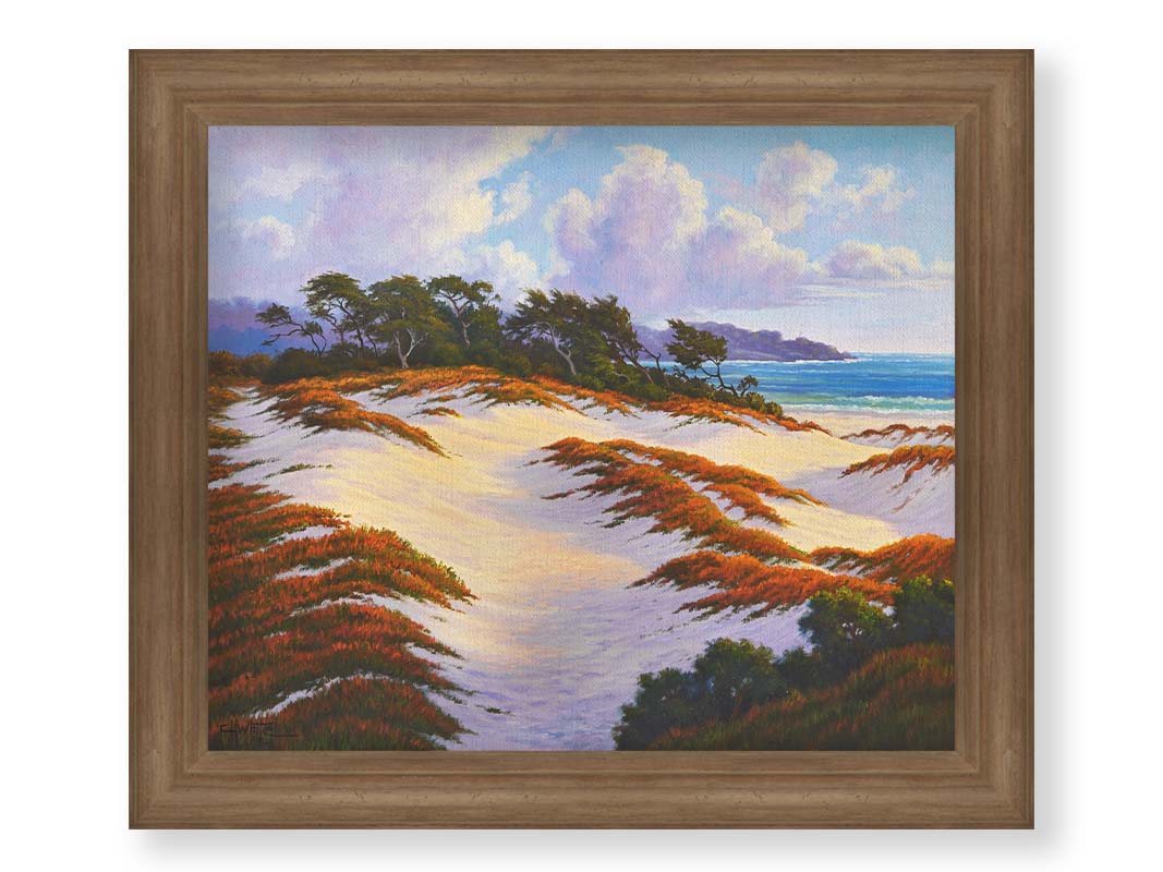 A painting of the Asilomar Dunes Natural Preserve in California. The white sand dune beach is complimented by red, green, and orange grasses. Printed on canvas and framed.