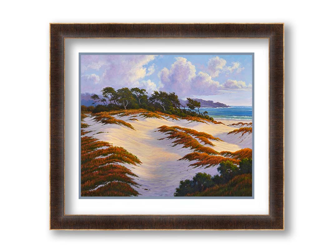 A painting of the Asilomar Dunes Natural Preserve in California. The white sand dune beach is complimented by red, green, and orange grasses. Printed on paper, matted, and framed.