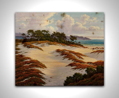 A painting of the Asilomar Dunes Natural Preserve in California. The white sand dune beach is complimented by red, green, and orange grasses. Printed on a wood pallet.