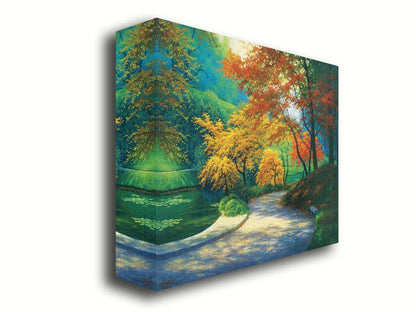 A painting of a paved garden path beside a pond, bordered by orange and yellow fall trees. Printed on canvas.