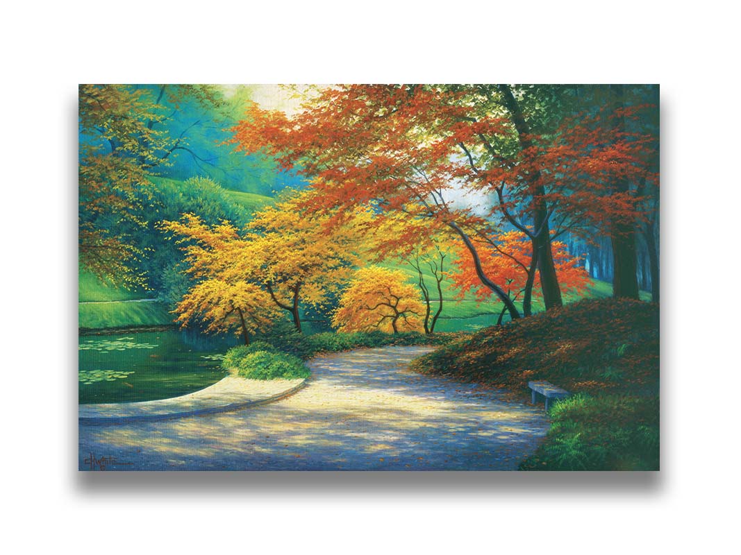 A painting of a paved garden path beside a pond, bordered by orange and yellow fall trees. Printed on canvas.