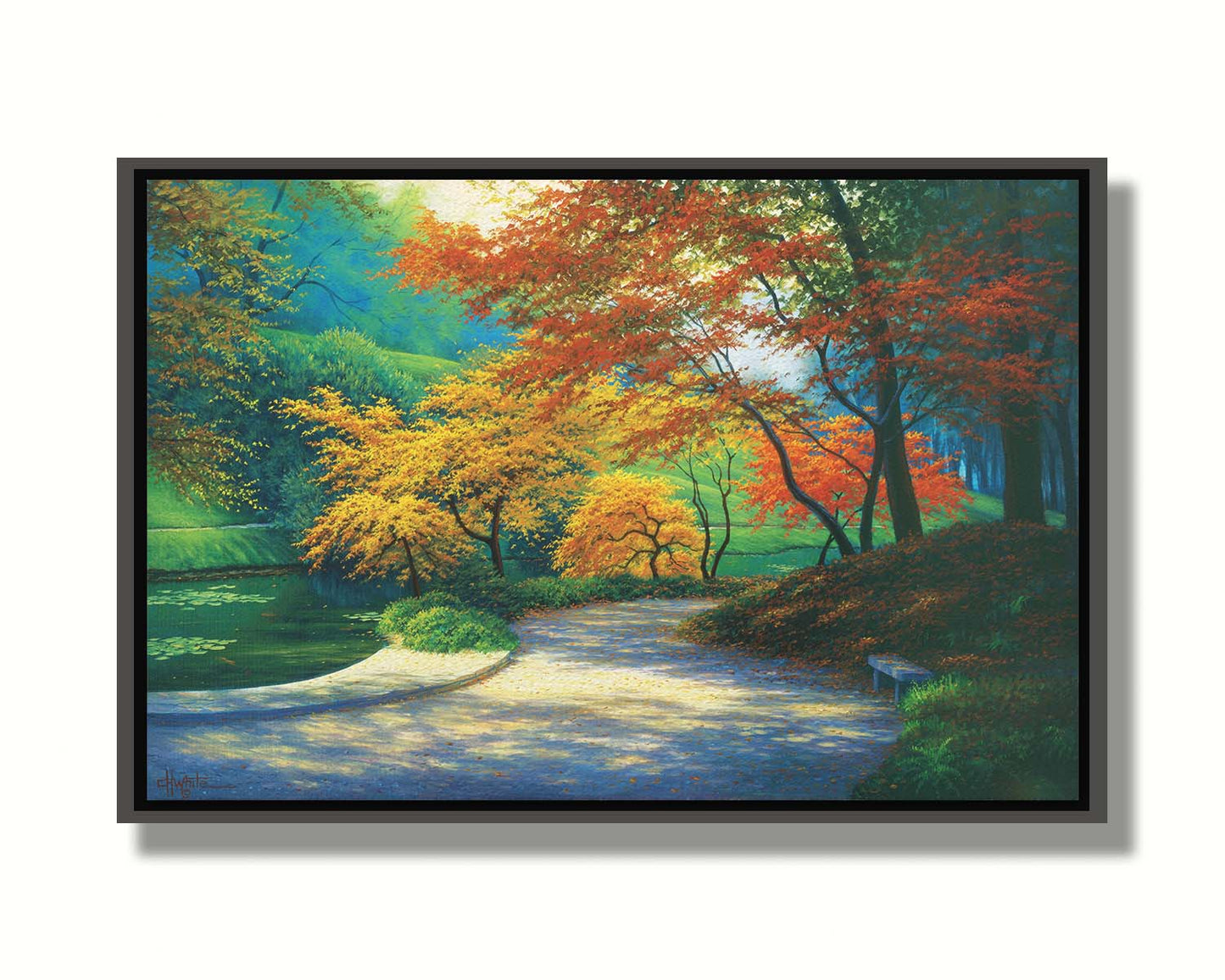 A painting of a paved garden path beside a pond, bordered by orange and yellow fall trees. Printed on canvas in a float frame.