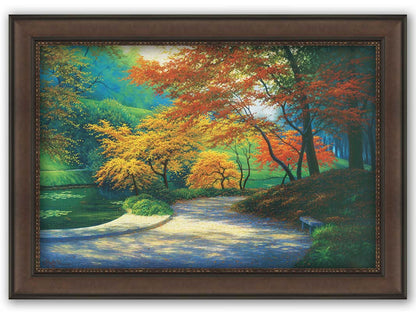 A painting of a paved garden path beside a pond, bordered by orange and yellow fall trees. Printed on canvas and framed.