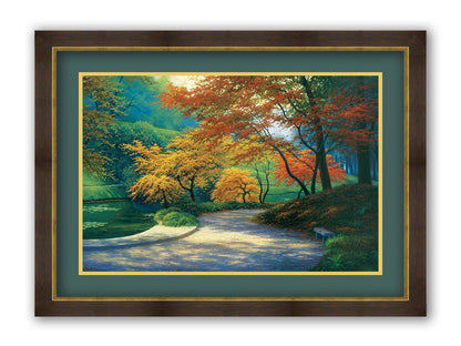 A painting of a paved garden path beside a pond, bordered by orange and yellow fall trees. Printed on paper, matted, and framed.