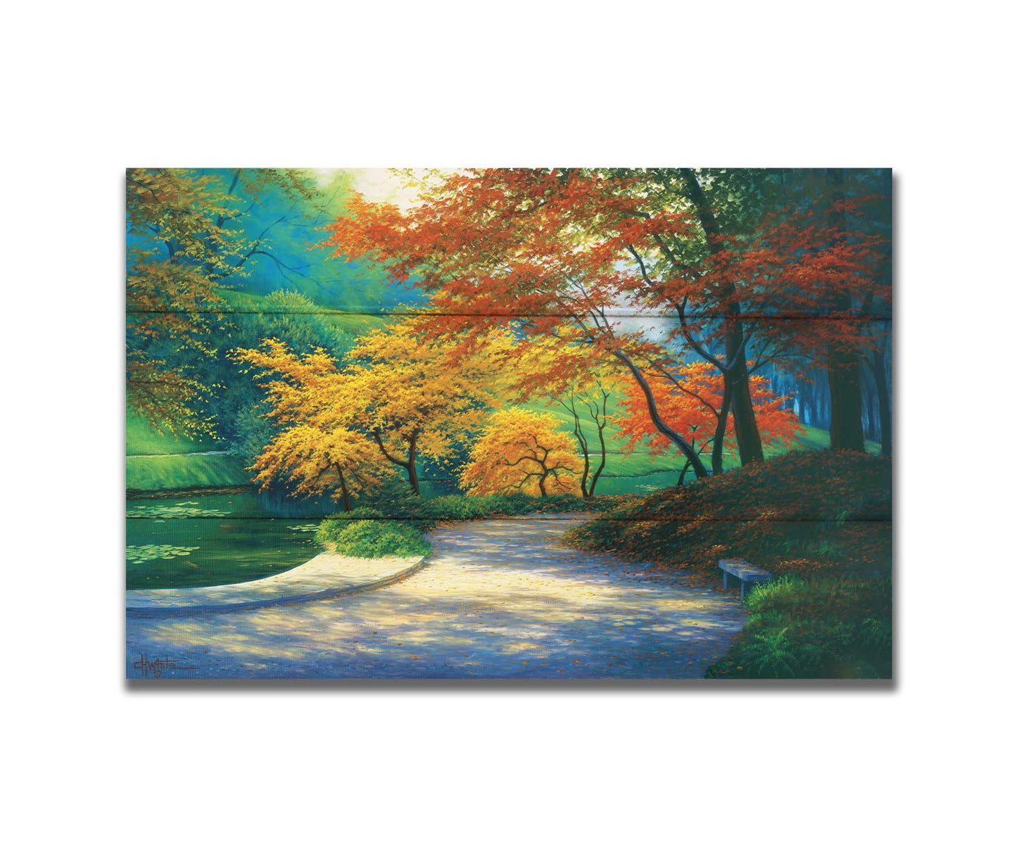 A painting of a paved garden path beside a pond, bordered by orange and yellow fall trees. Printed on a box board.