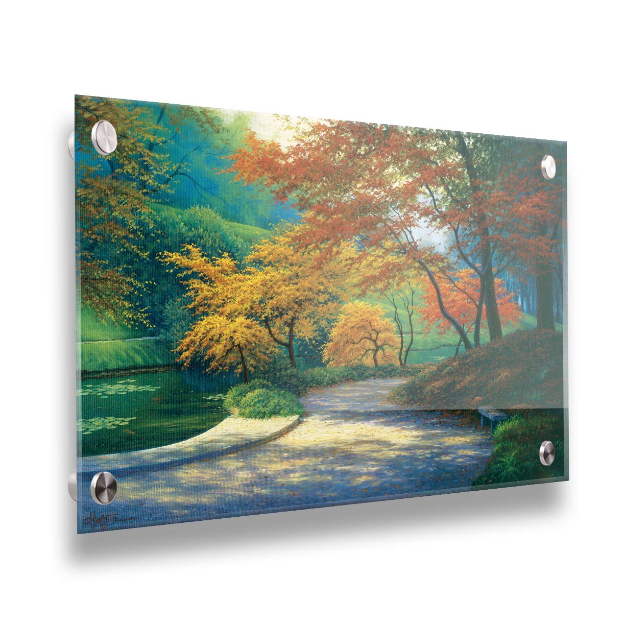 A painting of a paved garden path beside a pond, bordered by orange and yellow fall trees. Printed on acrylic.