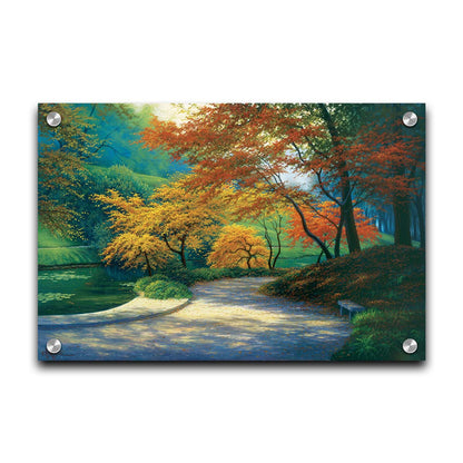 A painting of a paved garden path beside a pond, bordered by orange and yellow fall trees. Printed on acrylic.