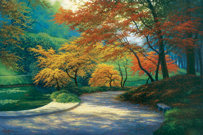 A painting of a paved garden path beside a pond, bordered by orange and yellow fall trees.
