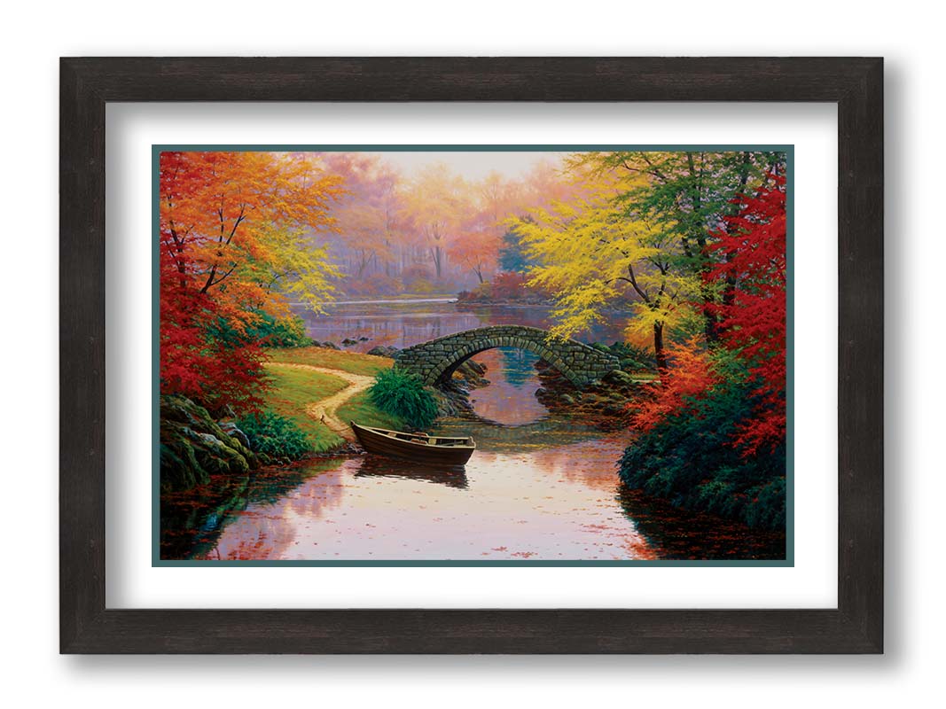 A painting of an idyllic fall scene, with colorful maples surrounding a river crossed by a small stone bridge. A rowboat is tied down near the bridge. Printed on paper, matted, and framed.