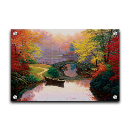 A painting of an idyllic fall scene, with colorful maples surrounding a river crossed by a small stone bridge. A rowboat is tied down near the bridge. Printed on acrylic.