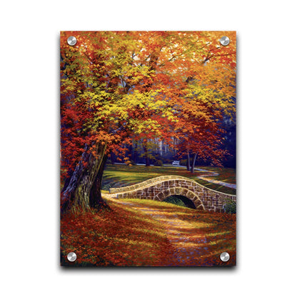 A painting of an autumn park, with the colorful trees dropping orange leaves onto the path below. A stone bridge crosses a small stream. Printed on acrylic.