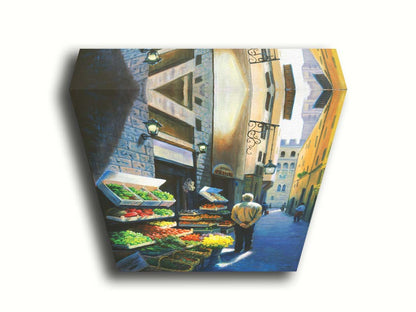 A painting of a Florence, Italy, street lined with produce stands. People stroll down the street. Printed on canvas.